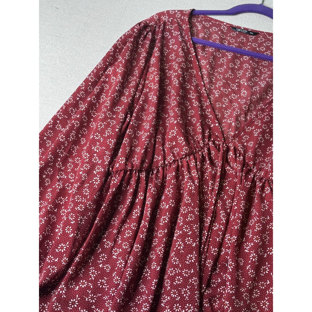 SHEIN CURVE Womens 4XL Burgundy Floral V-Neck Empire Waist Peplum Blouse Top